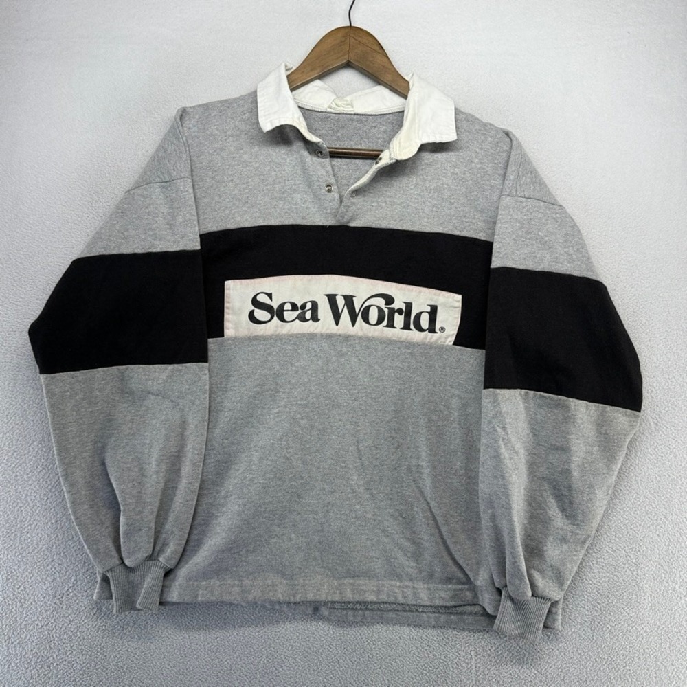 Vintage Sea World Rugby Shirt Men's Large Gray Black Colorblock Spellout 80s 90s